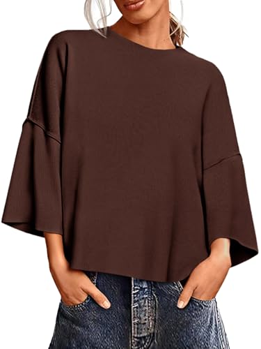 Saodimallsu Womens 3/4 Sleeve Sweaters Lightweight Crewneck Loose Pullover Casual Oversized Fall Knit Tops