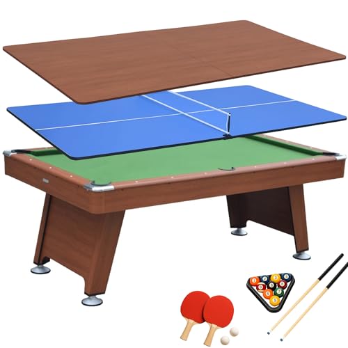 DEVESSPORT Mesa de Billar 3  en 1 Marrón - Billar, Ping Pong y Mesa de Comedor Incluye Todos los Accesorios, Fabricado de MDF, niveladores de Patas y Dimensiones 215x121x78cm