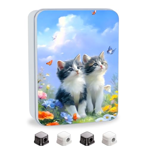 Image of Metal Tin Box with Lid,Multi-functional Storage Box Can Store Tea Biscuits Game Cards, Playing & Tarot Cards-Comes with 4 Magnetic Cord Clips,Kittens with Butterflies