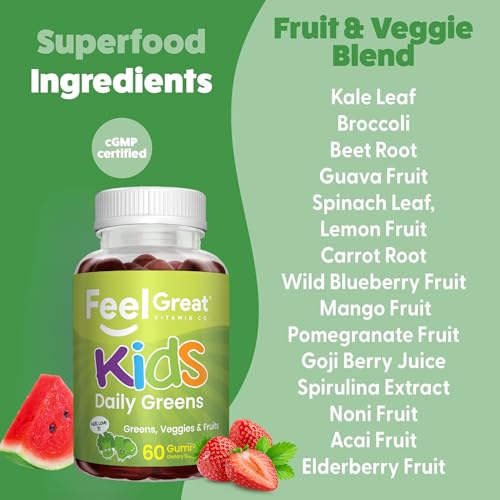 Image of Feel Great Super Green Gummies for Kids | Fruit and Vegetable Gummies | Vegan Veggie Gummy Multivitamin for Kids | Veggie Fiber Supplement | 60 Count