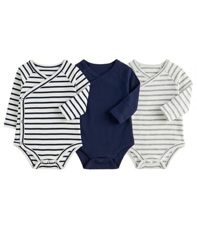 JiAmy Lot de 3 bodies à manches longues pour bébé garçon et fille, 100 % coton, pour nouveau-né à 12 mois, Tops Bleu Marine, 0-3 Months