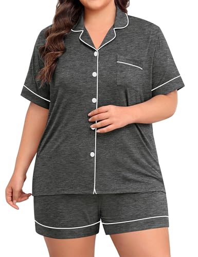 Image of SWOMOG Women's Plus Size Pajama Set Button Down Short Sleeve Top and Shorts Sleepwear Soft Pj Lounge Sets with Pockets 18-26W Deep Grey 22 Plus