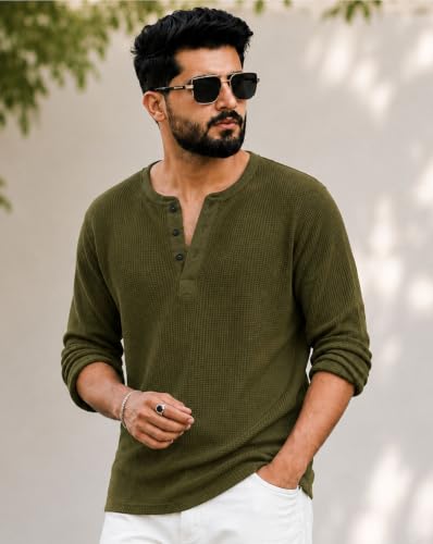 Image of AUSK Men's Waffle Knit Henley T-Shirt | Cotton Blend Full Sleeve Textured Casual T Shirt | Regular Fit Button Placket Round Neck Tshirt for Men