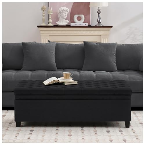 Image of 51 inch Storage Ottoman for Bedroom & Living Room, End of Bed Bench with Black Wooden Legs, Linen Upholstered Tufted Ottoman, Entryway Storage Bench, Black
