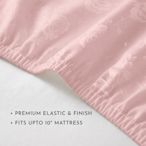 Image of Blue Dahlia 100% Cotton, King Size /Double, Elastic Fitted Bedsheet (72 inchx78 inch) + 2 Pillow Covers,Fits Upto 10 inch Mattress, 300TC Premium Bedsheet, Jacquard Rose Pattern - Cameo Rose