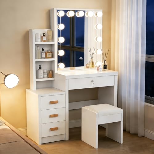 Oyajia Coiffeuse avec éclairage 10 LED, Miroir et luminosité réglable, Coiffeuse avec Tabouret, 4 tiroirs et 7 étagères, Coiffeuse Moderne, en Bois,...