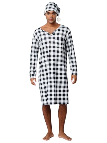 Mens Plaid Pajamas Robe Lightweight Nightshirts with Night Cap V Neck Long Sleeve Sleep Shirt