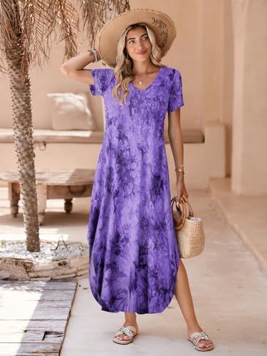 Image of BELAROI Plus Size Maxi Dress for Women Summer Casual V Neck Short Sleeve Long Dress with Pockets Beach Vacation Cover Up