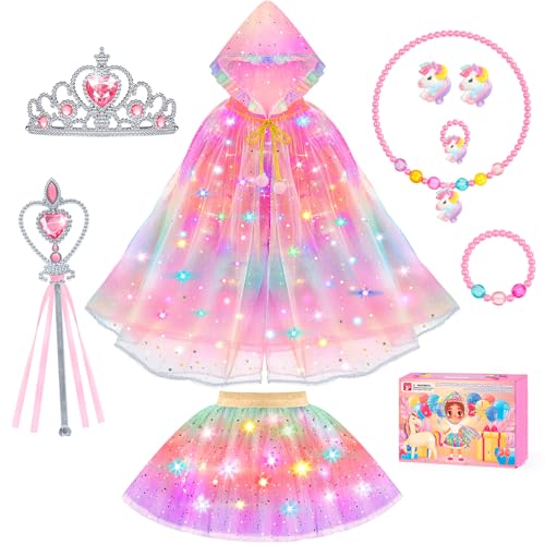 DOLNOW Princess Dress Up for Girls, Unicorn Light up Princess Cape Princess Dress Costume Crown Gift for Toddler Girls 3 4 5 6