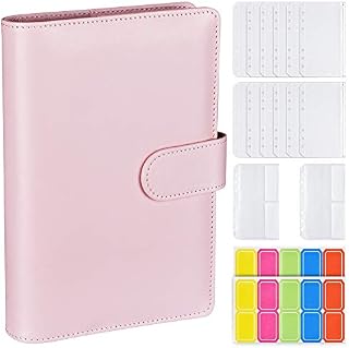 A6 PU Leather Ring Binder Notebook, 6 Round Rings Refillable Notebook Binder 14pcs Plastic Zippered Envelopes Pockets, Travel Writing Notebook Diary Binder with Label Stickers-Pink