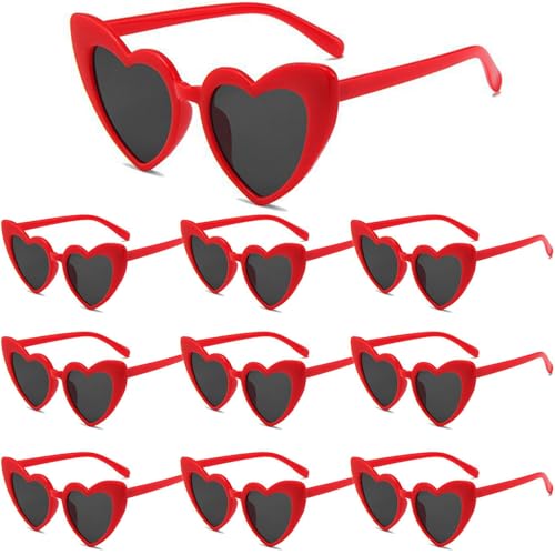 Women Heart Sunglasses 10 Pack Love Shaped Glasses Vintage Red Sunglass Retro Fun Glass for Fans Party Favors