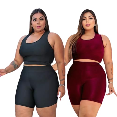 Kit 2 Conjuntos Moda Fitness Top e Short Cós Alto Alto Plus Size