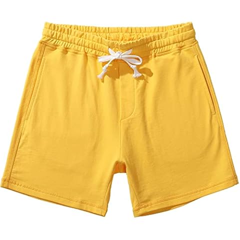 Amy Coulee Mens Gym Running Shorts 5.5 Inch Jogger Sweat Shorts Drawstring Cotton Pajama Bottoms Casual Short Shorts with Pockets (S, Yellow) Cover