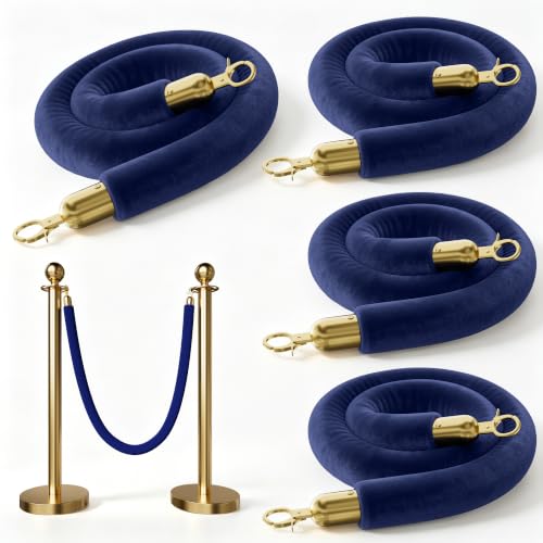 Image of 4PCS Blue Velvet Stanchion Ropes 5 Ft Crowd Control Ropes Barrier with Gold Hooks for Party Supplies,Photobooth Accessories, Prom,Birthday,Business,Wedding, Museums