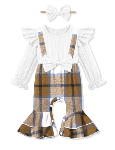 Image of Queenstyle Newborn Baby Girl Clothes Romper Long Sleeve Ruffle Jumpsuit Cute Infant Girl Fall Winter Outfits with Headband