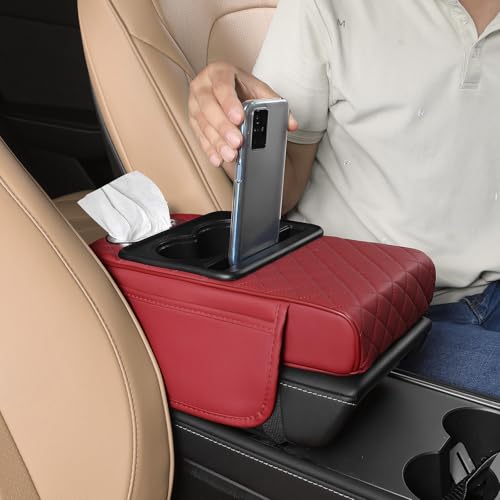 Image of FREESOO Car Center Console Cover, Leather Armrest Cover for Car, Universal Middle Console Cushion With Storage Box, Cup Holder, Tissue Box, Phone Slot, Luxury Waterproof Interior Accessories, Wine Red