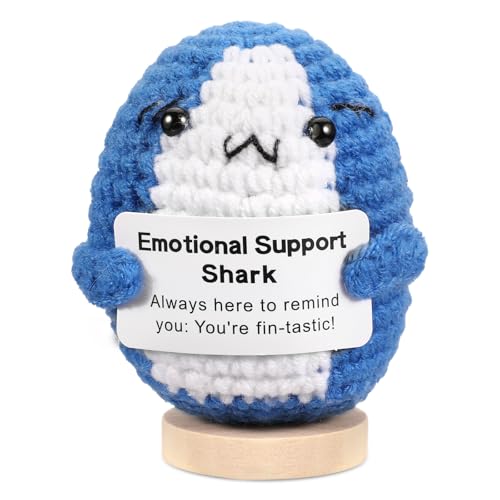 ASMPCUE Positive Hai-Geschenk, Frontkarte, kreativ, gestrickt, Wolle, positive Hai, Dekompression, Plüschtier – Happiness Gift of Courage