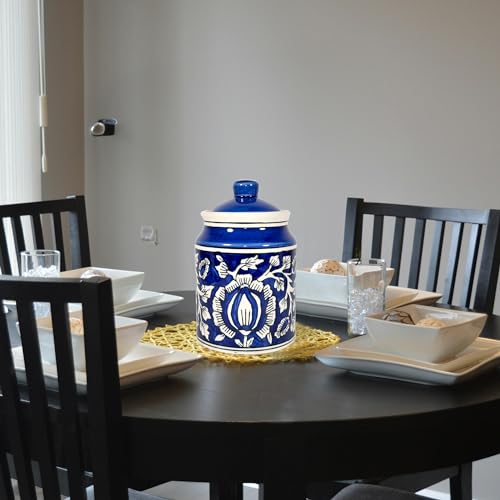 Image of Ceramic Pickle Jars For Storage Achar Chini Mati Barni Bharani Jars Jadi Jaadi Jadilu Pots Containers For Storing Salt, Tamarind Kitchen Storage With Lid, 850ML NON AIRTIGHT - Royal Blue