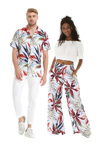 Matchable Couple Hawaiian Luau Shirt or Wide Legged Pants with Pockets in Garden at Dawn