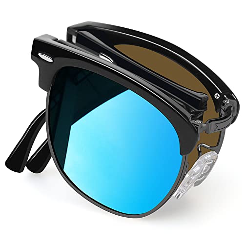 Trendy Semi Rimless Folding Sunglasses Polarized, Vintage Half Frame Foldable Sun Glasses UV Protection Classic Horn Rimmed Fold Up Shades for Men Women Driving Collapsiable Browline (Mirrored Blue)