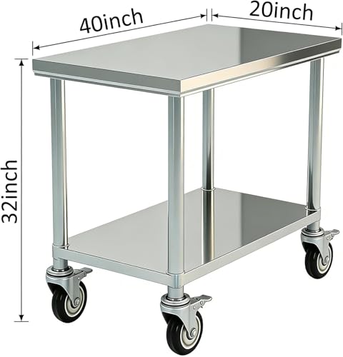 Image of Stainless Steel Table Prep & Work with Wheels 20 x 40 Inches, NSF Commercial Heavy Duty Table with Undershelf and Galvanized Legs for Restaurant, Home and Hotel