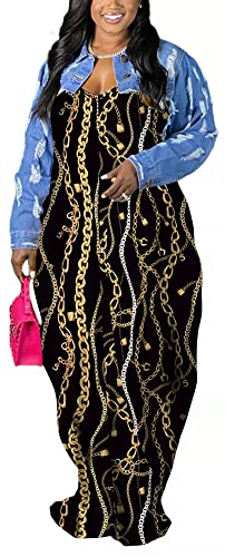 Image of BFFBABY Womens Summer Suspender Maxi Dress Plus Size Striped Printed Sleeveless with Pockets and Belt