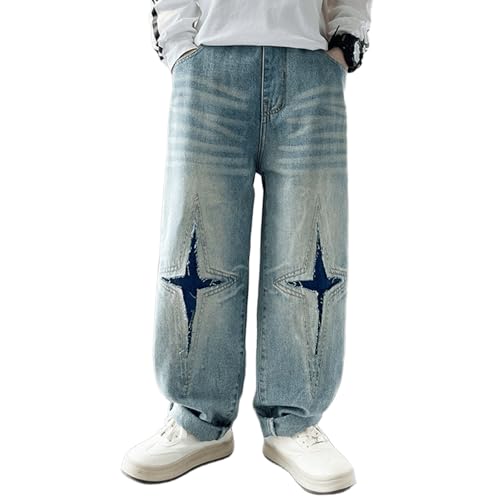 Star Baggy Jeans for Boys Elastic Waist Y2k Vintage Straight Wide Leg Pull On Jeans Kid Boys with Pocket 5-14 Years