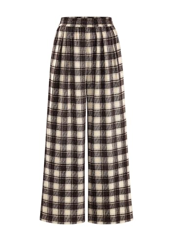 PRETTYGARDEN Casual Women's Pants 2025 Elastic Waist Palazzo Long Stretchy Wide Leg Trousers Knit Fall Outfits with Pockets (Plaid Brown,XX-Large)