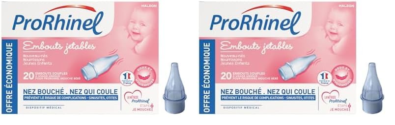 Prorhinel Embouts Jetables Mouche Bébé x20, Embouts Souples, Pour Nez Bouché et Qui Coule, Doux Hygiénique, Fabriqué en France (Lot de 2)