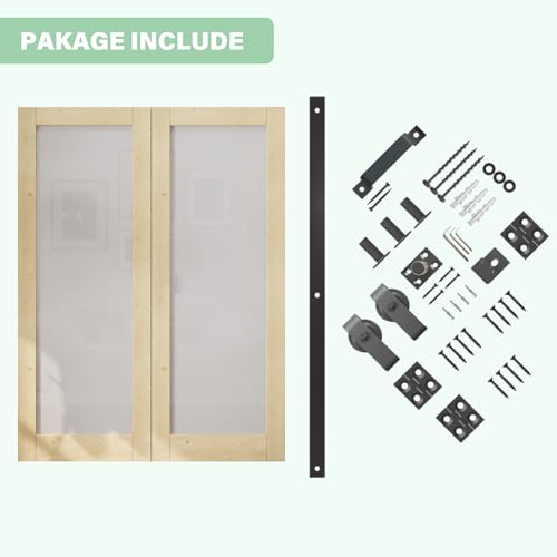 Image of 60 inchx80 inch 1-Lite Frosted Glass Bifold Barn Door with 64 inch Track Kit, Pine Slab