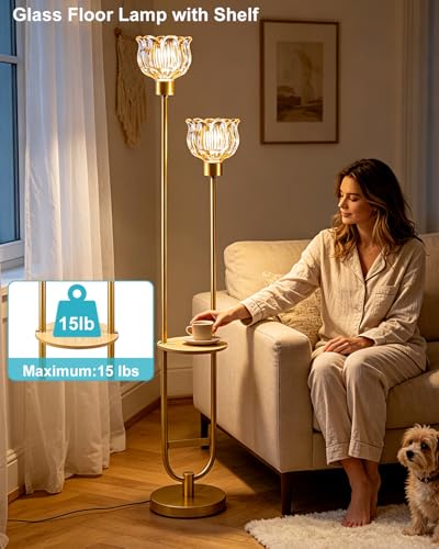 Image of Lightdot 2-Lights Modern Glass Floor Lamp with Table Gold Standing Tall Lamps with Amber Glass Shade, Flower Floor Lamp with Foot Switch for Living Room Bedroom Home Decor (Bulbs Included)