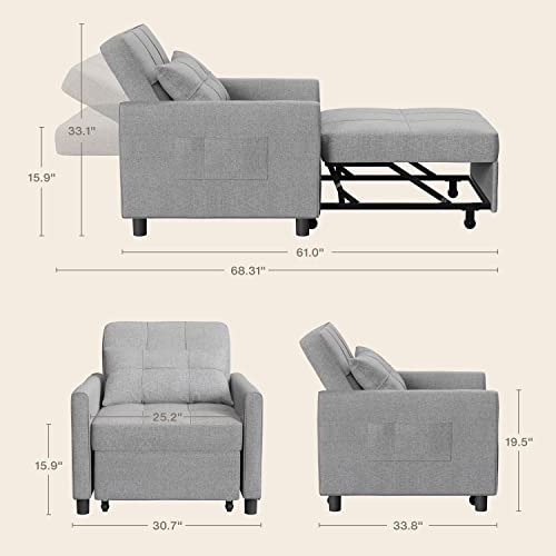 Aiho Convertible Sleeper Chair, 3-in-1 Sofa Bed with Adjustable Design, Pillow & Pocket - Pull Out Sleeper for Apartment, Light Gray