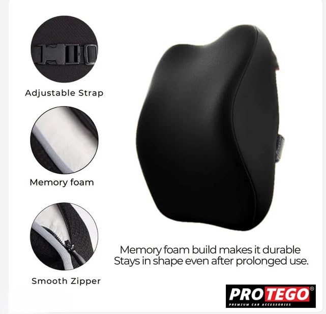 Image of PROTEGO Universal Memory Foam Car Neck Rest Pillow with Washable Velvet Cover | Relieves Neck Pain | Ergonomic Support Orthopedic Cushion Ultra Soft| for All Hatchback SUV Sedan Cars |Black (Medium)