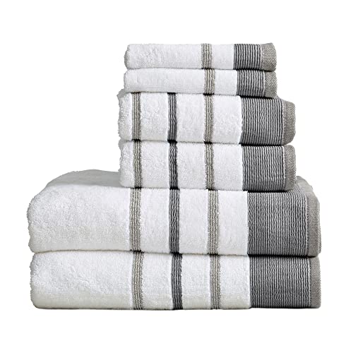 Great Bay Home 6-Piece Luxury Hotel/Spa Turkish Cotton Striped Towel Set, 500 GSM. Includes Bath Towels, Hand Towels and Washcloths. Noelle Collection by Brand. (Dark Grey/Light Grey)