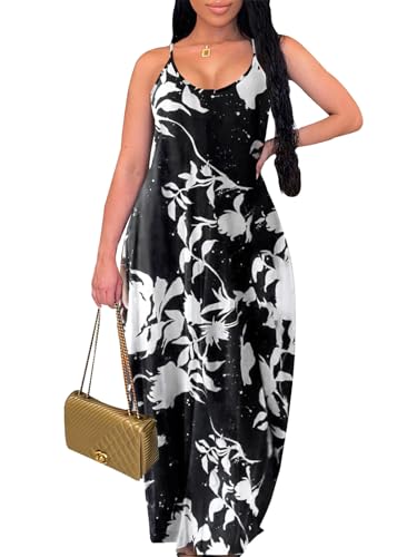 Image of Summer Dresses for Women Spaghetti Strap Beach Floor Length Maxi Sundresses | Floral Print,Casual,with Pockets
