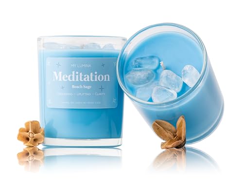 My Lumina Meditation Aromatherapy Candle w/Clear Quartz Crystal Inside, Beach Sage Relaxing Calming Positive Peace Energy, Soy Wax Blue Scented Candle for Home,Bath,Bathroom,Yoga,Self Care,Gift,Women