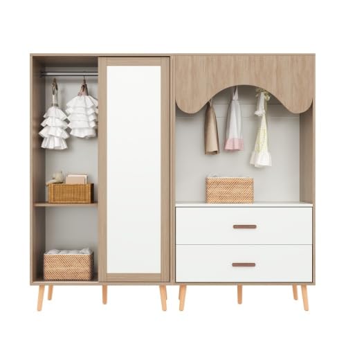 vutizal Perchero infantil con puerta corredera en color blanco y madera natural – Perchero abierto para ahorrar espacio con barra y 2 cajones, 180 x 92 x 141,5 cm, perfecto para habitaciones