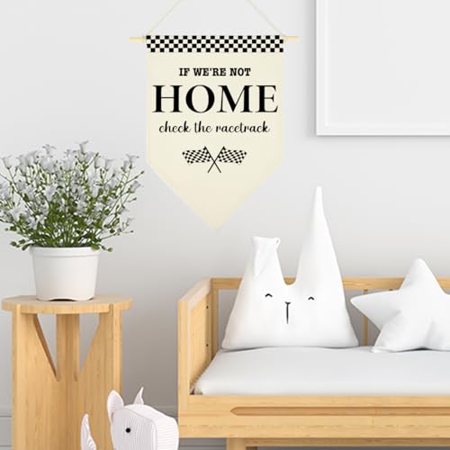 Race Car Room Wall Decor Racing Track Decorations If We're Not Home Check the Racetrack Triangle Banner Race Car Party Decorations race Car Themed Canvas Wall Hanging Banner for Girl Boy Room Home - Image 5