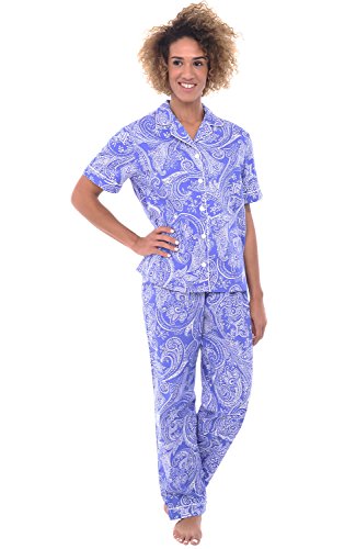 Alexander Del Rossa Women's Lightweight Button Down Pajama Set, Short Sleeved Cotton Pjs, Large Blue with White Paisleys, Piping (A0518B05LG)