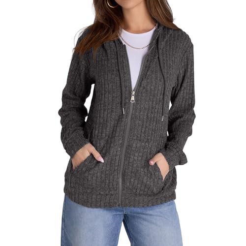 Zip Up Cardigan Sweaters for Women Winter Ribbed Knit Long Sleeve Hood Sweatshirt Jacket Casual Drawstring Jackets2