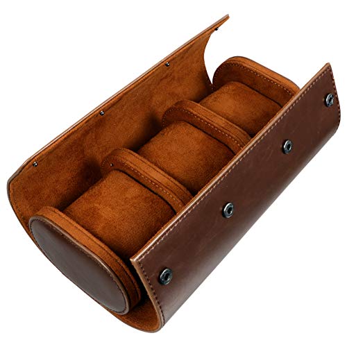 POPETPOP Boîte de Montre- 3 Fentes Étui de Montre en Cuir Boîte de Rangement de Montre Montre Étui de Voyage Organisateur de Montre Ronde Portable Cover