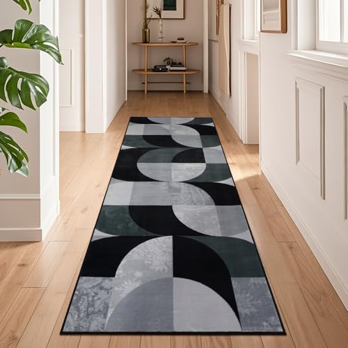 TUKDAK Boho Runner Rugs for Hallway 60×180 cm, Black Checkered Washable Hallway Cpepet Runners, Kitchen Mat Non Slip, Soft Short Pile Hall Rug for Bedroom Entryway Bathroom Laundry Non Shedding