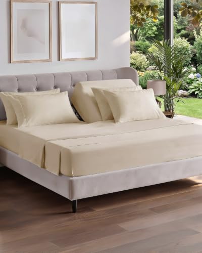 Image of Flex Top Split Head King 6 Piece Sheet Set - Breathable & Cooling - Cream | Ultra Soft Hotel Luxury Bedding Set w / 8-16 Inch Deep Pockets, 1 Flat & 1 Split-Head Fitted Sheet & 4 Pillowcases, Fade Free
