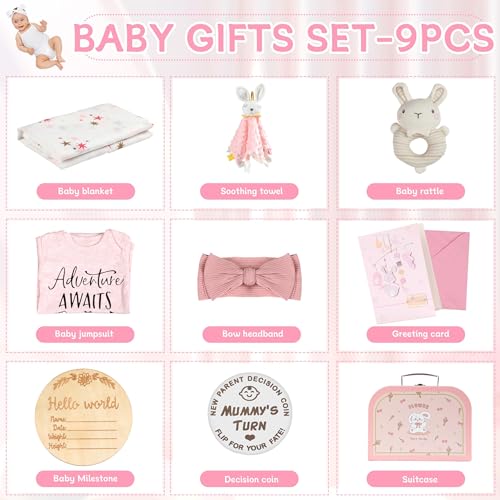 Shower Gifts Basket Gift Set for Newborns New Born Gift Set Pink Gift Basket with Rattle Swaddle Blanket Decision Coin Security Blanket Gender Reveal Gifts by Naozinebi - Image 3