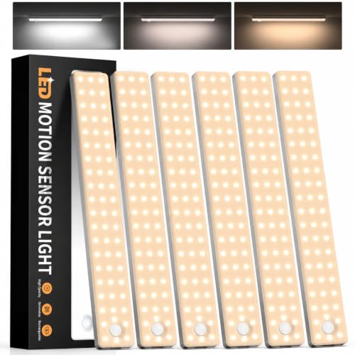 Image of 6 Pack 13inch Under Cabinet Lighting, 3 Color Temperatures Motion Sensor Light Indoor, USB Rechargeable Battery Operated Closet Lights, Dimmable LED Cabinet Lights, Under Counter Light for Kitchen
