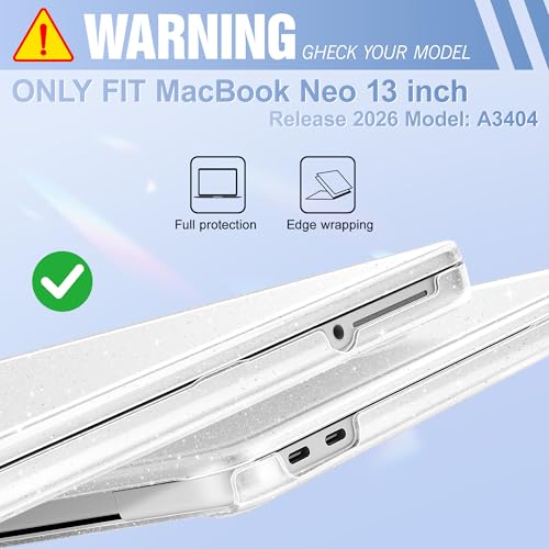 Image of May Chen Compatible with MacBook Neo 13 inch Model A3404 2026 Release, Slim & Lightweigh Frosted Finish Protective Case with Keyboard Cover&Screen Protector, Glitter Clear