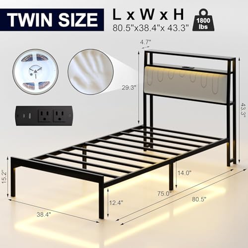 Image of J.Fkne Twin Bed Frames with LED Lights & Charging Station, Metal Platform Frame with Upholstered Headboard, No Box Spring Needed, Noise Free, Easy Assembly