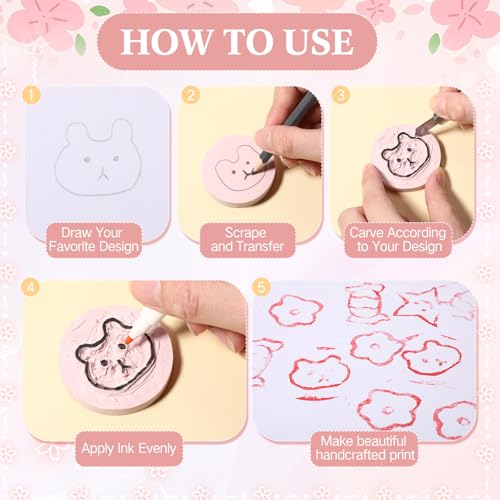 image for Innconee 18 Pcs Rubber Stamp Carving Blocks Pink Soft Linoleum Blocks 