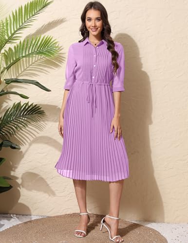 Image of Women V Neck 3 /4 Sleeve Pleated A-Line Dress with Belt Swing Midi Dresses for Spring Summer Autumn