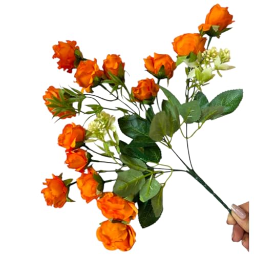 Image of Garden Art Artificial Small Rose Flower Bunch (Pack of 1) | 5 Heads with 15 Flowers & Buds, 35 cm Faux Rose Bouquet for Home Decor, Wedding & Table Decoration (Orange)
